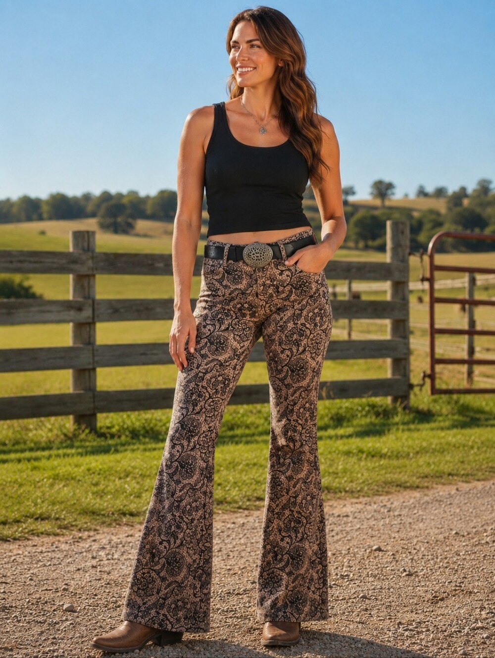 RANCH DRESS'N Fallon Taylor Tan & Black Lace print super flare jeans sz 8 NWT